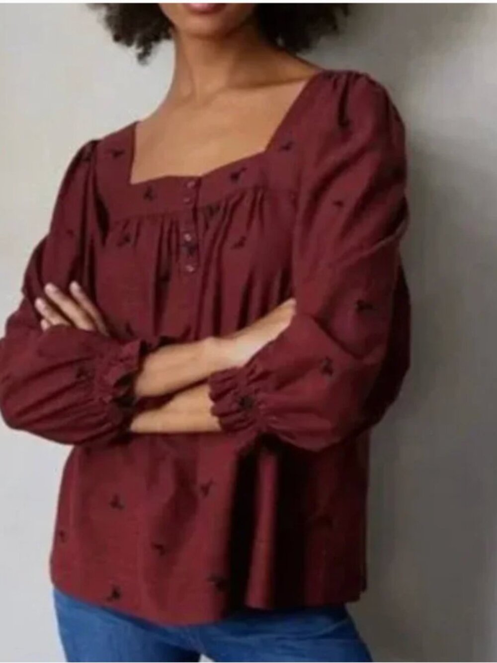 LC Lauren Conrad Deep Red Embroidered Square Neck Peasant Blouse Fall Medium